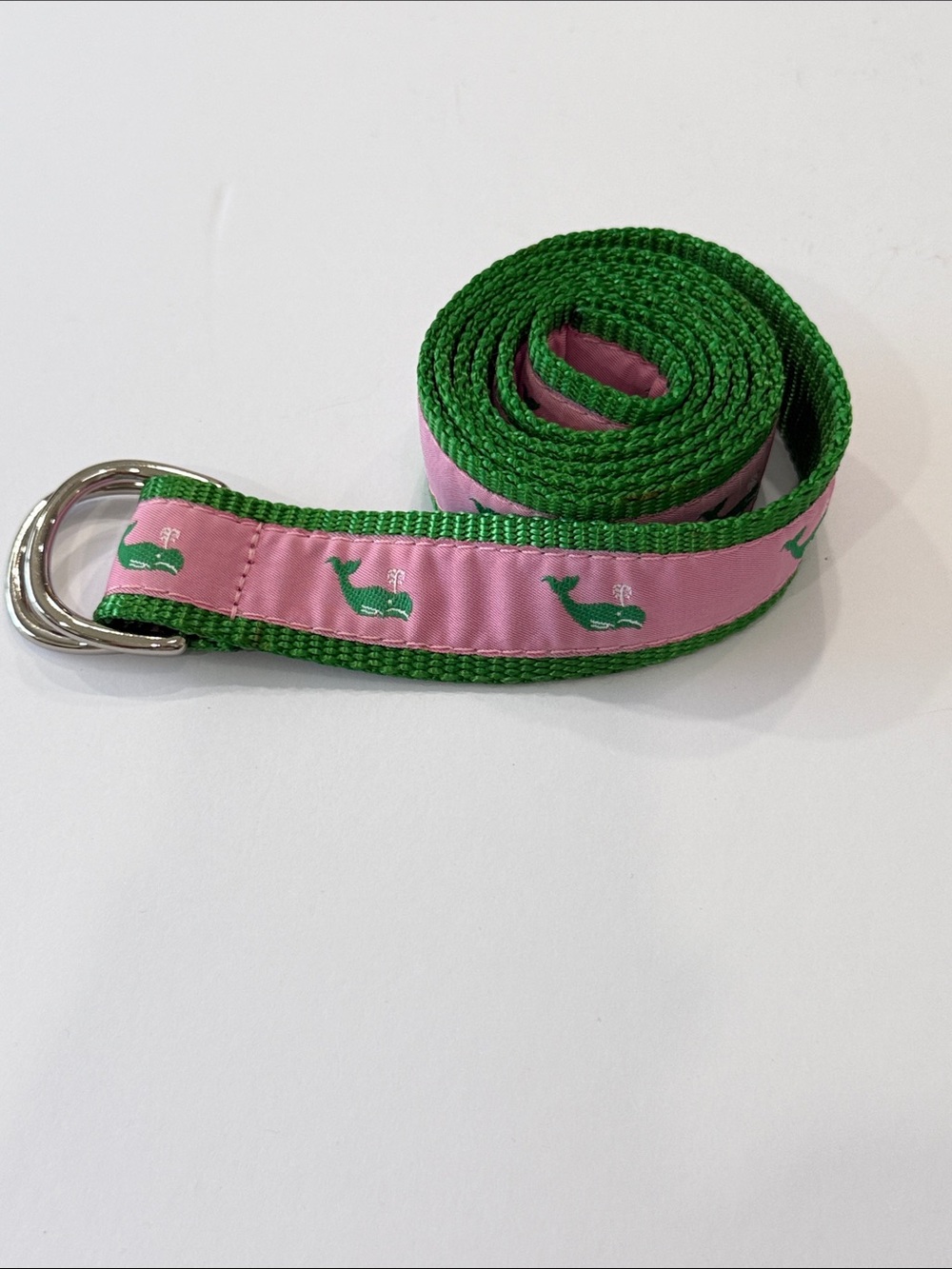 Elsa B Pink Ribbon Whale Print Webbing Belt with Green Trim Size L 44”